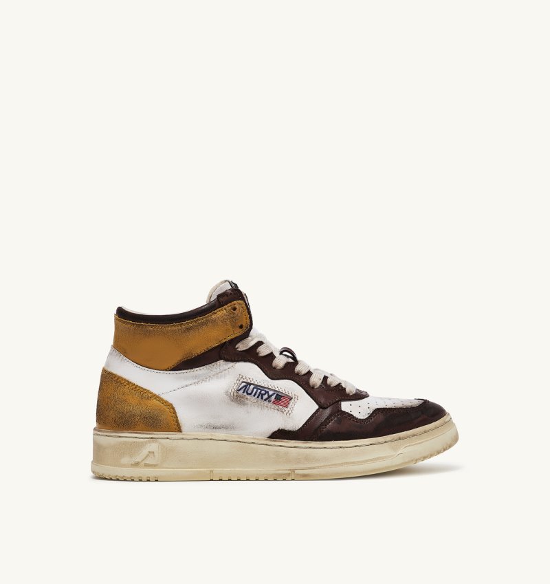 Zapatillas Autry Medalist Mid Super Vintage Hombre Blancas Marrones Amarillo | C8UCGFP